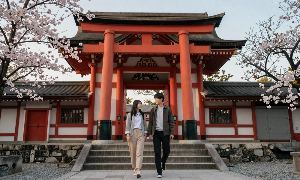Young couple exploring traditional Japanese temple representing travel and cultural experiences in Japan for international dating