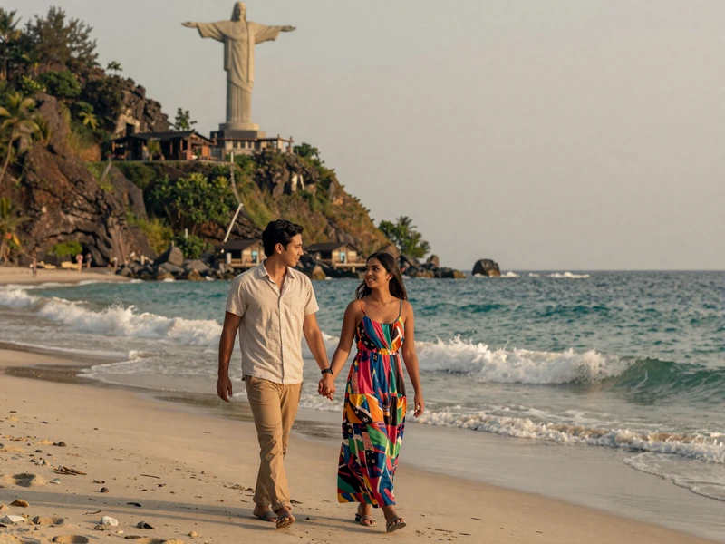 International couple walking on Cristo Rei beach in Dili East Timor during golden hour representing successful cross-cultural relationship and romantic visit