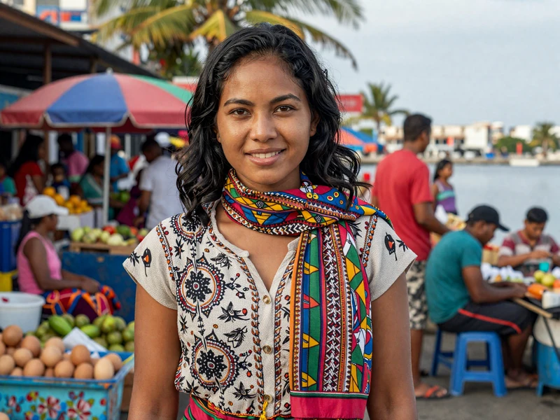 Timorese woman wearing traditional tais textile at vibrant local market in Dili, East Timor, showcasing authentic daily life and cultural heritage